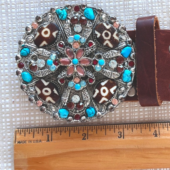 Vintage 80s 90s Leather Statement Belt Silver Rhinestone Boho Western Buckle - Picture 11 of 15